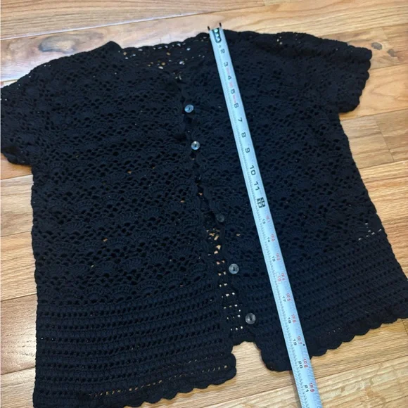 Women’s Black Crochet Short-Sleeve Button Cardigan - Picture 5 of 5